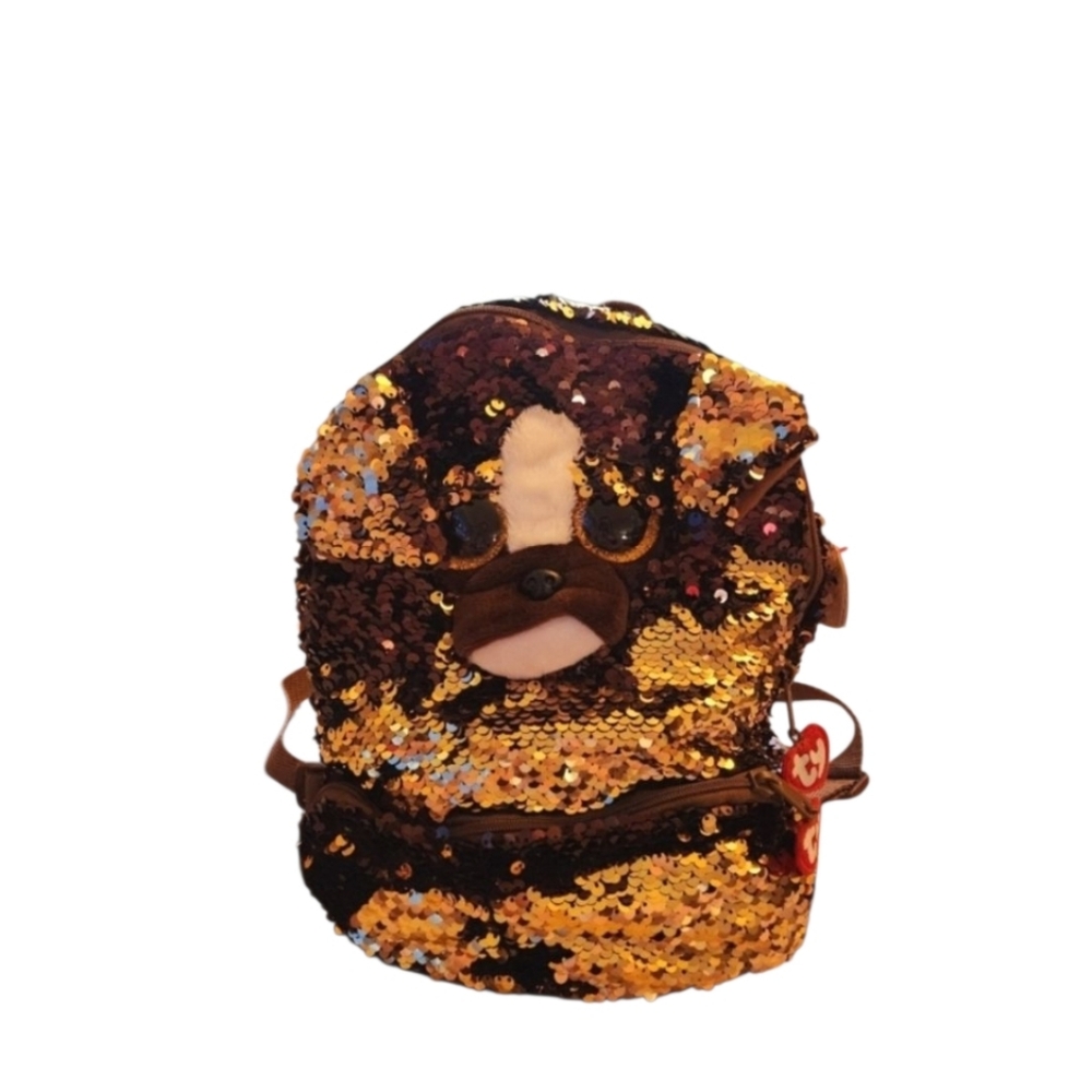 Ty Sequin Puppy Backpack in Gold and Brown